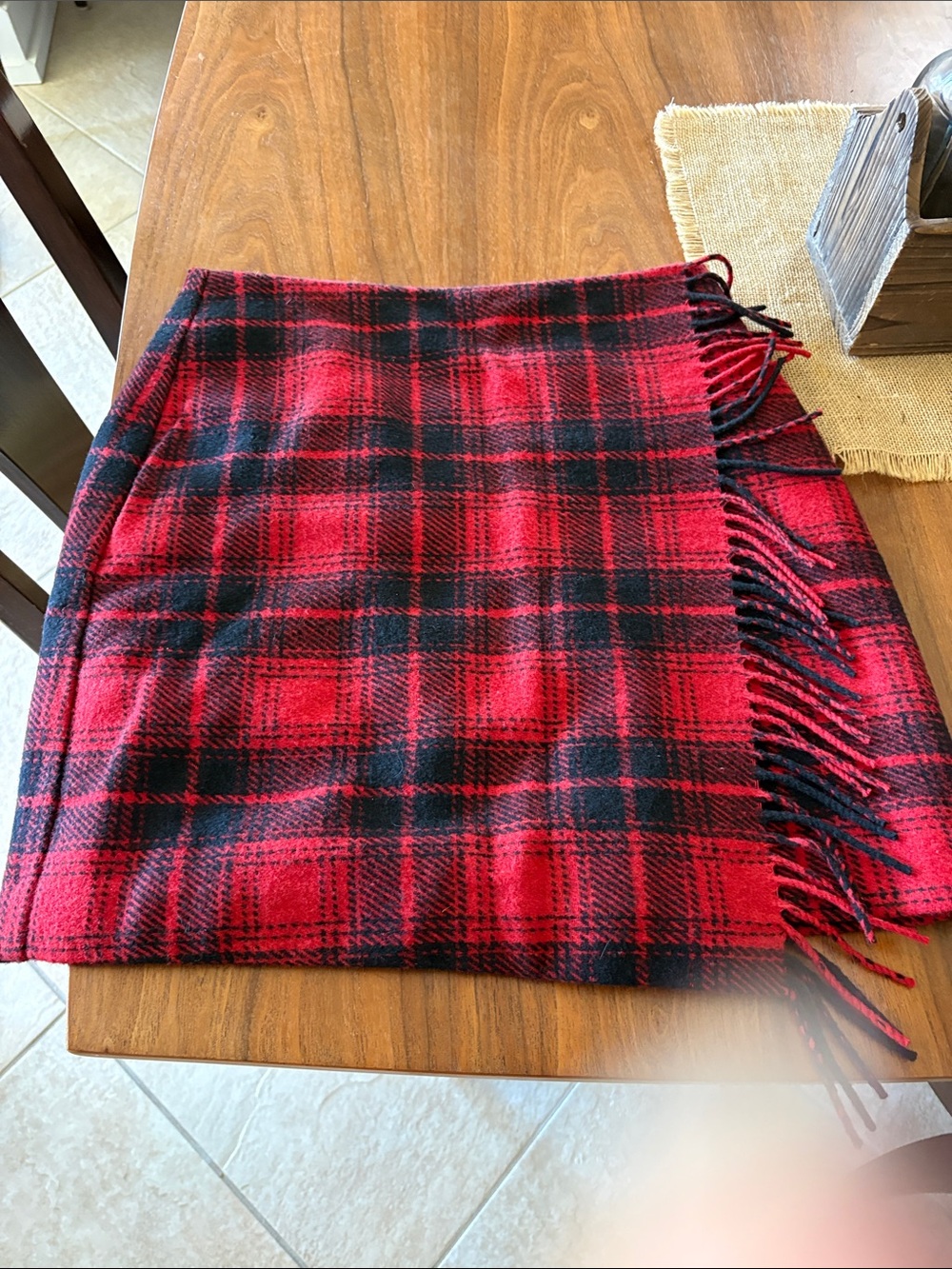 LOFT Red and Black Plaid Fringe Mini Skirt